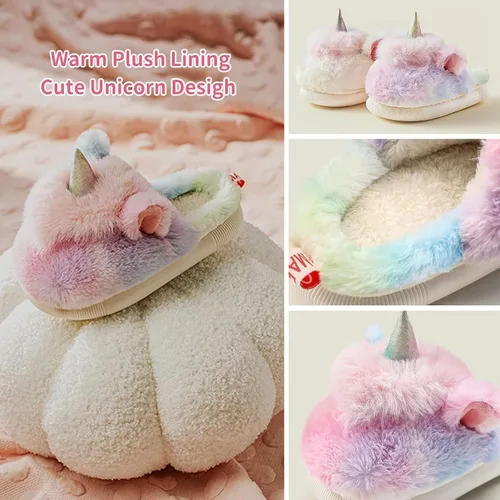 Vista 2 de Yooname Cute Unicorn Dinosaur Plush Warm Slippers for Kids Toddlers Girls Boys, Winter Cozy House Non-slip Slippers for Indoor Outdoor,Unicorn Gift