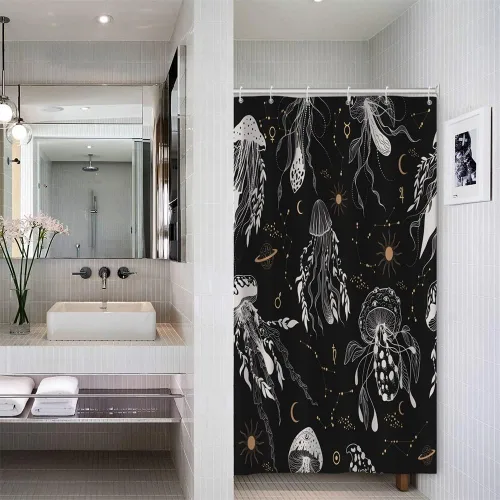 Vista 37 de Cortina de Ducha Floral Bohemia Negra Flores de Mediados de Siglo Botánica Moderna Elegante Estética Cortina de Ducha para Decoración de Baño