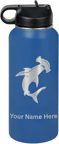 Vista 50 de LaserGram Botella de agua personalizada, tiburón martillo, acero inoxidable de doble pared aislada al vacío con popote superior, regalo grabado