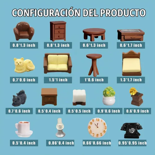 Vista 3 de Kit de 23 piezas de mini muebles marrones para casa de muñecas, accesorios de decoración DIY que incluyen juego de comedor, sala de estar