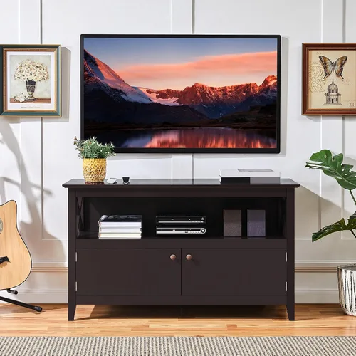Vista 2 de Yaheetech - Soporte pequeño para TV de 42 pulgadas con almacenamiento, gabinete multimedia con marco en X
