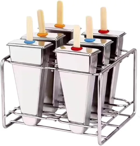 Vista 9 de Molde de paletas de hielo de acero inoxidable, molde de helado con base de soporte de palo de acero inoxidable, molde para congelador, juego de 6