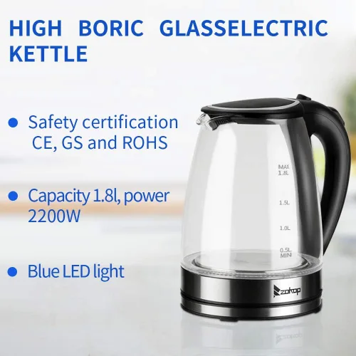 Vista 3 de HD-1857-A Hervidor eléctrico de vidrio, 220 V, 2000 W, 1.8 L, vidrio de borosilicato alto y acero inoxidable 304, sin BPA, luz LED azul, apagado