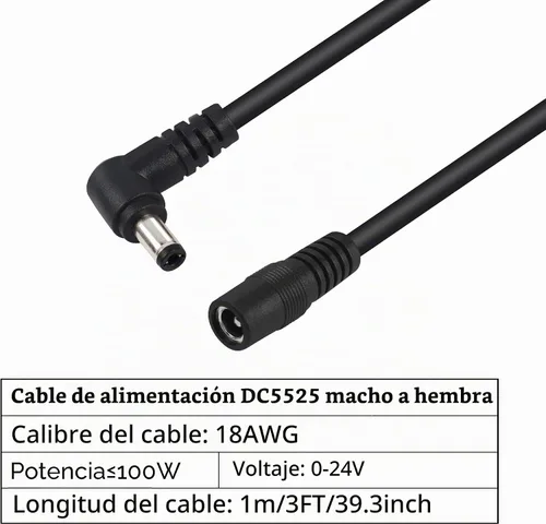 Vista 2 de GINTOOYUN Paquete de 2 cables de extensión de alimentación DC5525, DC 0.2 in x 0.1 in, ángulo recto, macho a hembra, cable resistente de 3 pies 18