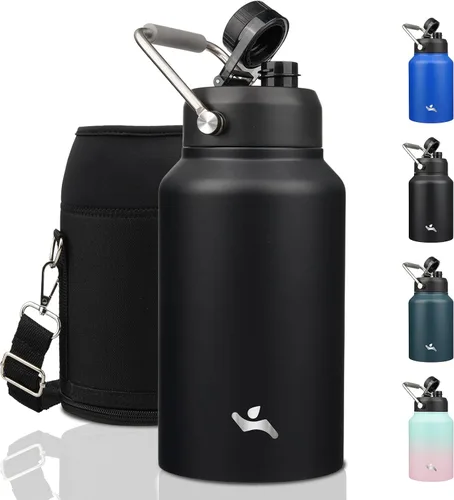 Vista 39 de Konokyo Jarra de medio galón con asa, botella de agua aislada de 64 onzas con bolsa de transporte, botella de metal de acero inoxidable al vacío