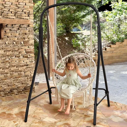 Vista 8 de Silla Hamaca Colgante de Interior con Soporte, Silla Colgante de Exterior con Soporte, Capacidad de 400 libras, Beige