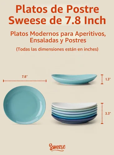 Vista 2 de Sweese Platos de postre de porcelana – Platos de ensalada de 7.8 pulgadas, platos pequeños para aperitivos, juego de 6 – Lavavajillas, microondas