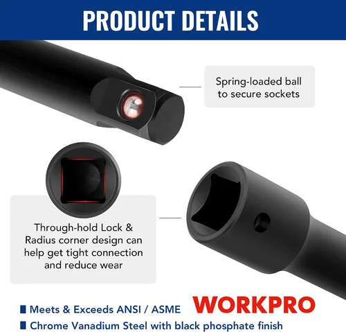 Vista 4 de WORKPRO Juego de extensión de enchufe de impacto de 18 piezas, incluye adaptadores de enchufe, juego de extensión de trinquete, barra de extensión