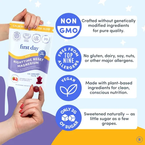 Vista 7 de FIRST DAY Gomitas de citrato de magnesio para niños (para edades de 4 años en adelante) sin melatonina Gomitas de magnesio calmantes para niños