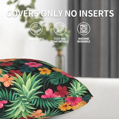 Vista 4 de Perinsto Hawaii - Juego de 2 fundas de almohada decorativas con diseño de hojas de palmera tropicales, flores de hibisco, fundas de cojín suaves