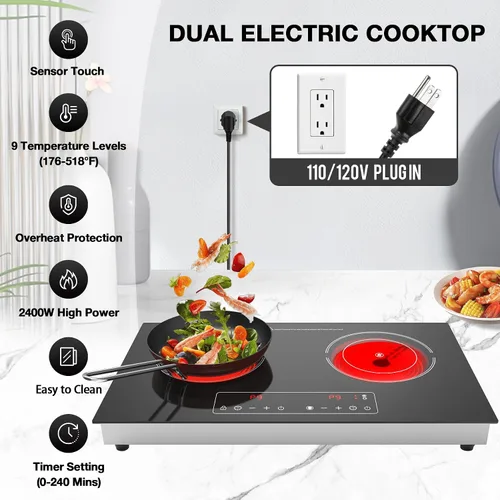 Vista 3 de Cocina eléctrica, 110 V, 2400 W, 2 quemadores, encimera y estufa integrada con 9 niveles de potencia, bloqueo de seguridad para niños, temporizador
