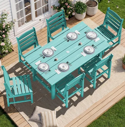 Vista 28 de SERWALL Juego de mesa de comedor de 7 piezas, muebles de comedor de polietileno de alta densidad para exteriores con agujero para paraguas y 6 Negro