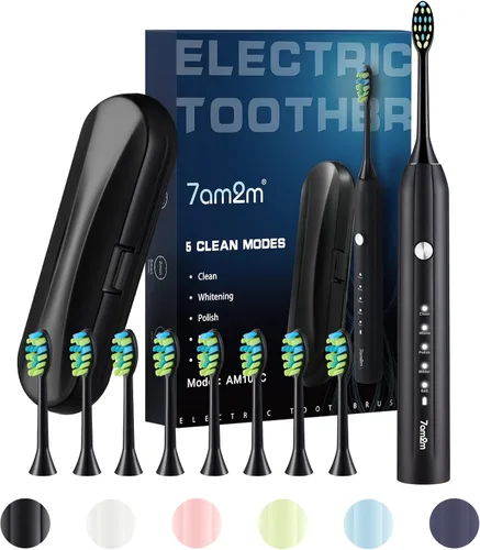Vista 8 de 7AM2M Cepillo de dientes eléctrico sónico para adultos y niños, con 8 cabezales de cepillo y estuche de viaje, 5 modos con temporizador inteligente