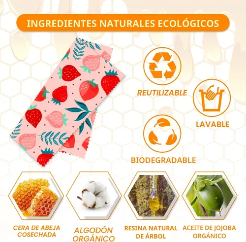 Vista 2 de Envoltura de cera de abeja reutilizable, paquete de 9 envolturas ecológicas de cera de abeja para alimentos, orgánica, sostenible, biodegradable