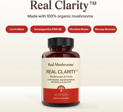 Vista 3 de Real Mushrooms RealClarity Cápsulas – Melena de León, KSM-66 Ashwagandha, Rhodiola y Bacopa – Agudeza mental, alerta y apoyo adaptogénico – Vegano