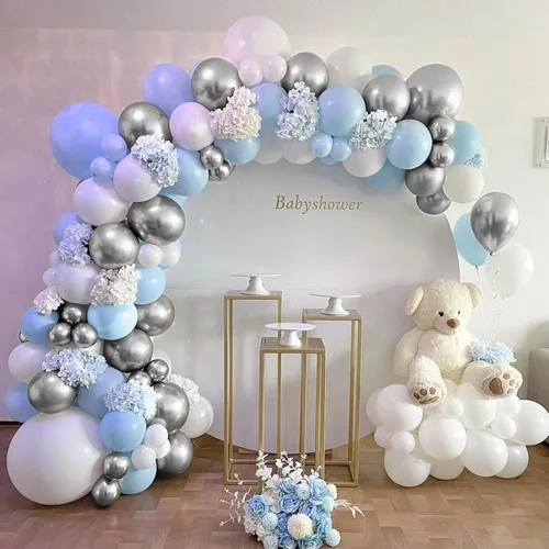 Vista 2 de Kit de arco de globos azules y blancos para bebé, kit de guirnalda de globos azules, globos blancos y plateados para cumpleaños, despedida