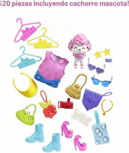 Vista 7 de Barbie Juego de moda extra sorpresa con 20 piezas, incluyendo caniche para mascotas, armario y función de botón que dispensa accesorios de moda