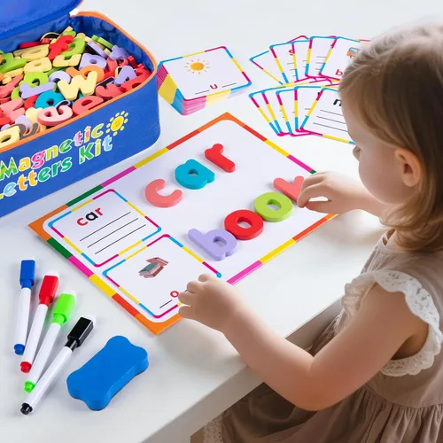 Vista 5 de Kit de letras magnéticas del alfabeto Sundaymot, 310 piezas con tablero magnético y bolsa organizadora, letras de madera mayúsculas y minúsculas