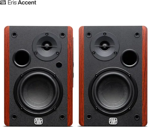Vista 2 de PreSonus Eris Accent - Altavoces de estantería alimentados de 50W con cable, altavoces estéreo para tocadiscos, mesa de trabajo y hogar, múltiples