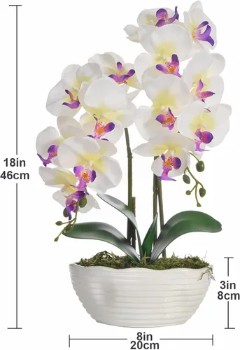 Vista 7 de Planta de orquídea artificial grande en maceta, arreglo floral de seda con jarrón de cerámica, color blanco