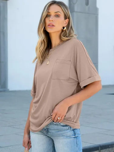 Vista 3 de ANRABESS - Camiseta de manga corta para mujer, estilo oversized, casual, suelta, básica, para verano, con bolsillo Caqui