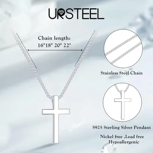 Vista 5 de Ursteel 925 Sterling Silver Cross Pendant Cross Necklace for Men, Mens Cross Necklace 18K Gold Black Silver Stainless Steel Chain Necklace for Men