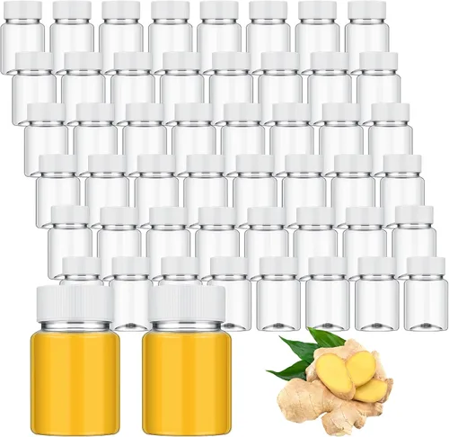 Vista 8 de Lallisa 50 botellas de plástico de 2 onzas con tapas, mini botella de jugo transparente con tapa, recipientes de jengibre reutilizables a prueba
