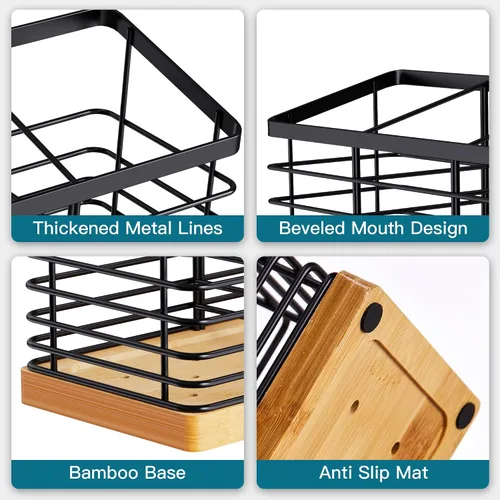 Vista 4 de Suli - Soporte extra grande para utensilios de cocina, 4 compartimentos, color negro Metal Utensil Holder with Wooden Base for Countertop, Rustic