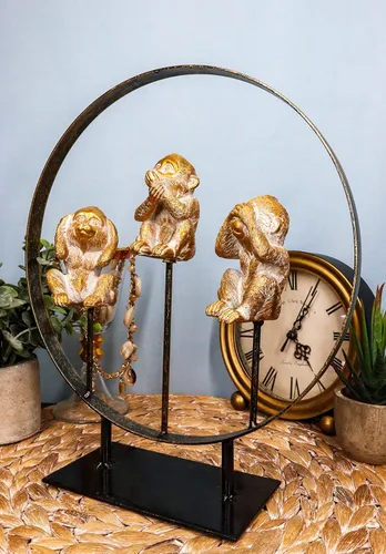 Vista 7 de Ebros Fantástico Oro Ver Oír Hablar No Evil Monos Sentados en Paz Anillo Círculo Soporte Estatua Decorativa 3 Simios Sabios Figura Animal Selva