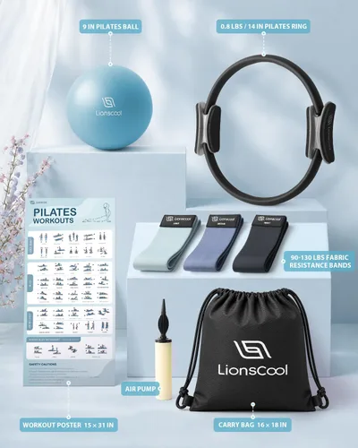 Vista 2 de LIONSCOOL Pilates Ring Set - 14" Anti-Deformation Magic Circle with Padded Handles, 9" Mini Ball, Non-Slip Fabric Resistance Bands, Guide & Bag