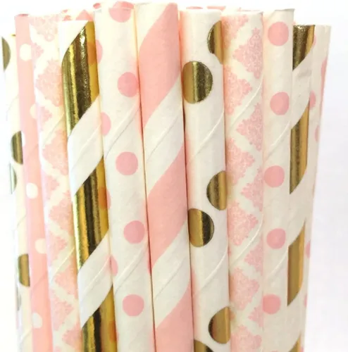Vista 28 de 100 pajitas de papel mixtas para fiestas, color negro, rosa claro, azul, rojo, dorado, con lunares, burbujas, para cumpleaños, baby shower, boda