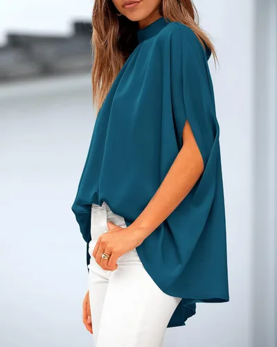Vista 33 de BTFBM Blusas de verano para mujer, cuello alto falso, manga murciélago, holgadas, dobladillo alto y bajo, blusas informales de gran