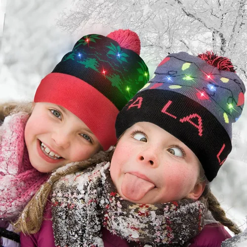 Vista 6 de Windy City Novelties Suéter feo de punto con luz LED, gorro navideño de Navidad, 3 modos intermitentes (FA LA LA), multicolor, Multi colorido