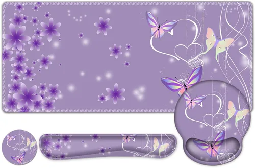 Vista 21 de Alfombrilla de mouse con estética natural de flores, XXL gran alfombrilla de escritorio extendida para la lectura, 4 piezas de base de goma