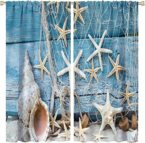 Vista 41 de JESTRONRY Cortina de playa azul y blanca con diseño de estrella de mar y conchas marinas con aislamiento térmico, para oscurecer la habitación, 2