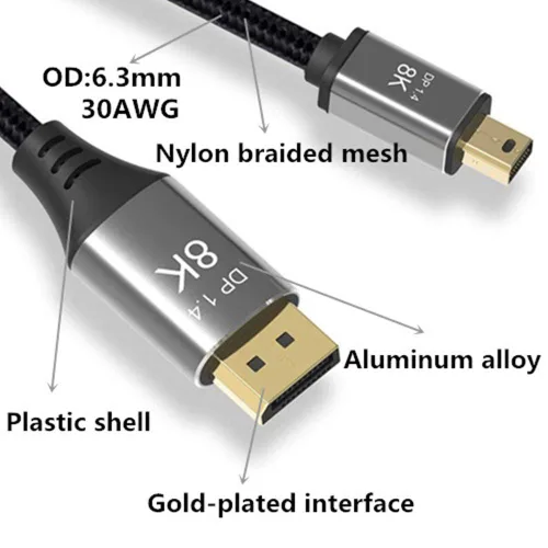 Vista 9 de Cable Mini DP a DisplayPort 8K de 3.3 pies de 3.3 ft, 8K a 60Hz, 4K a 144Hz, transmisión bidireccional, compatible con Macbook, Surface Pro, TV