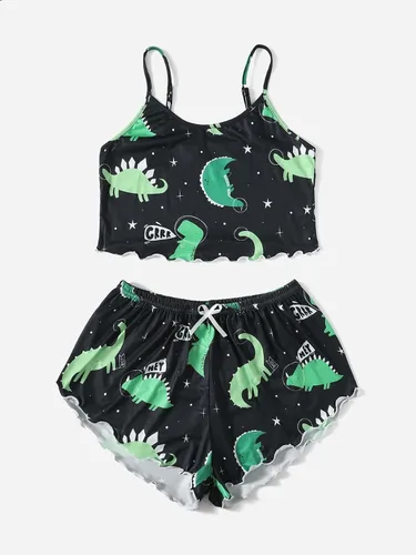 Vista 5 de SOLY HUX Women's Cute Cartoon Print Lettuce Trim Cami Top and Shorts Cute Pajama Set Sleepwear