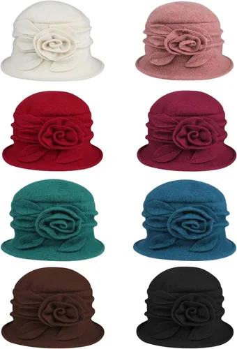 Vista 7 de Sumolux Sombrero de boina para mujer, estilo francés, vintage, floral, vestido de lana, cloche clásico, sombrero de invierno de los años 20