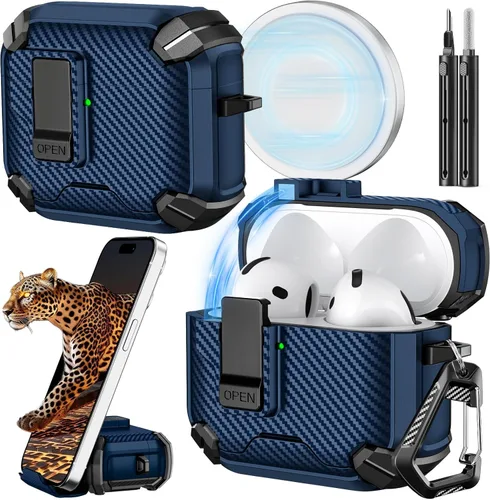 Vista 43 de Inesore Funda para AirPods Pro 1ª/2ª con bloqueo seguro (verde oscuro) Cubierta magnética de bloqueo automático con soporte para teléfono y kit