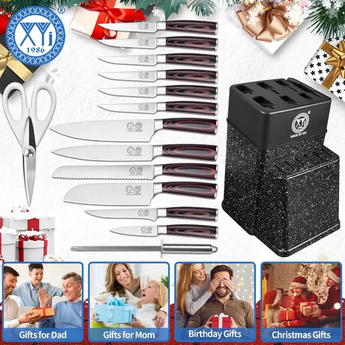 Vista 6 de XYJ Auténtico desde 1986, juego de bloque con cuchillos de cocina, juego de cuchillos de cocina con soporte, tijeras, juego de cuchillos de chef