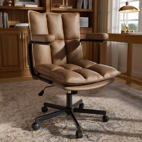 Vista 11 de Ollega Mid Century Modern Desk Chair, Vintage Leather Office Chair, Green Petite Computer Chair for Small to Medium Women, Thickened Back, Cozy
