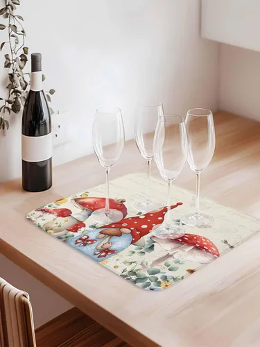 Vista 9 de Tapete de secado de platos de hongos para encimera de cocina, gnomos rojos, tapete de cocina de primavera, almohadilla de secado de microfibra