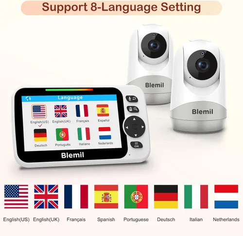 Vista 6 de Blemil Monitor de bebé con 2 cámaras y batería de audio de 30 horas, monitor de bebé de video de pantalla dividida grande de 5 pulgadas con cámara