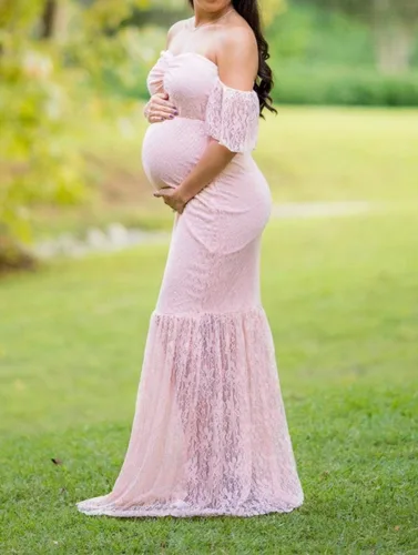 Vista 3 de ZIUMUDY Vestido de maternidad con hombros descubiertos y mangas de encaje con volantes estilo sirena para mujer, ideal para sesiones de fotos y baby