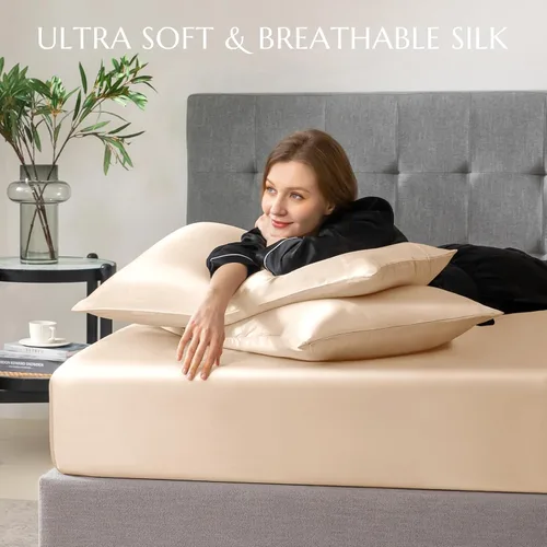 Vista 80 de THXSILK Juego de sábanas bajeras de 100% seda de morera, 3 piezas de seda 7A+, transpirable, suave, sábana bajera de 16 pulgadas de profundidad, 2