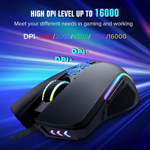 Vista 3 de Redragon Ratón para juegos, mouse para juegos con cable con sensor Opitacl de 16,000 DPI, mouse con botón de fuego, edición macro programable RGB