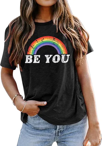 Vista 9 de Camisa de arcoíris para mujer, camiseta de orgullo con estampado de arco iris, camisetas casuales de manga corta Beyou-negro