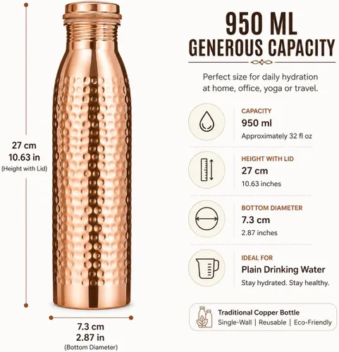 Vista 2 de Botella de agua de cobre 100% puro, 32 onzas / 32.1 fl oz, botella de agua reutilizable martillada con tapa de rosca roscada, frasco de metal de una