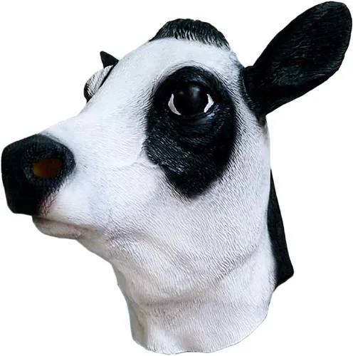 Vista 2 de Máscara de vaca de látex de lujo, cabeza de animal de granja, disfraz de Halloween, máscaras de carnaval