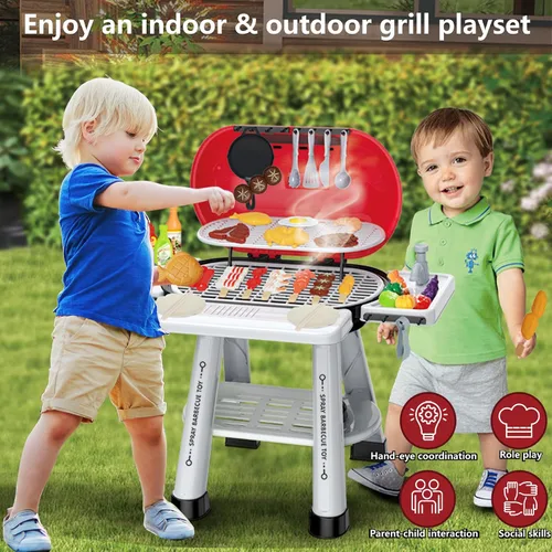 Vista 2 de Juegos de Cocina de Juguete para Niños Pequeños de 3-5 Años, Juego Interactivo de Parrilla BBQ para Interiores y Exteriores con Humo, Sonido y Luz